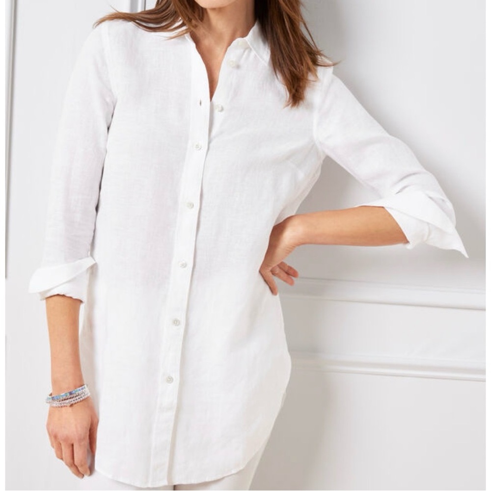 Talbots Cream Linen Blend Button Up Blouse Classic Collar Shirt L